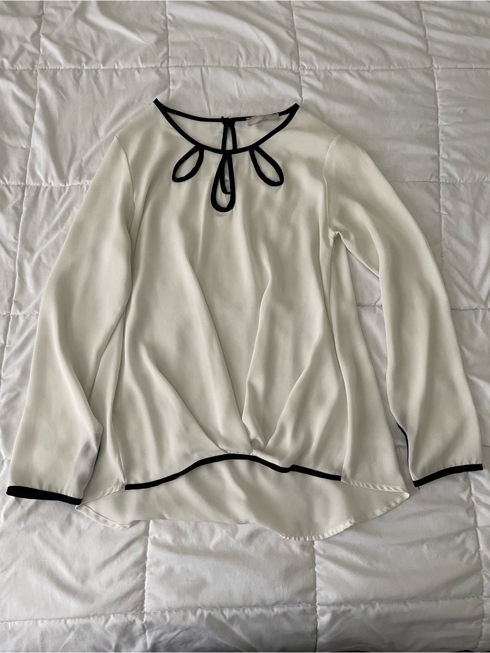 White Cream Long-Sleeve Blouse with Black Trim
